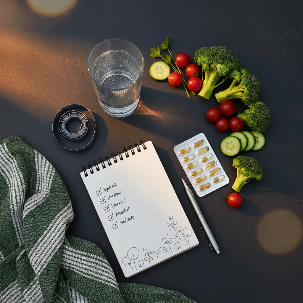 Overhead flatlay van leefstijlartikelen: glas water, groenten, capsuleblisterverpakking en notitieblok met checklist op donker oppervlak