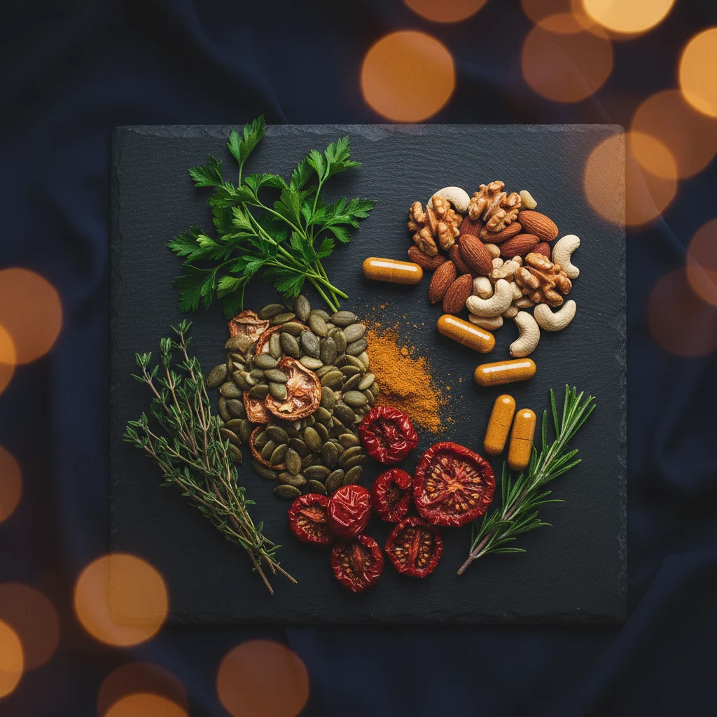 Flat lay van pompoenpitten, lykopeen-rijke tomaten, capsules en kruiden op een donker leisteenvlak