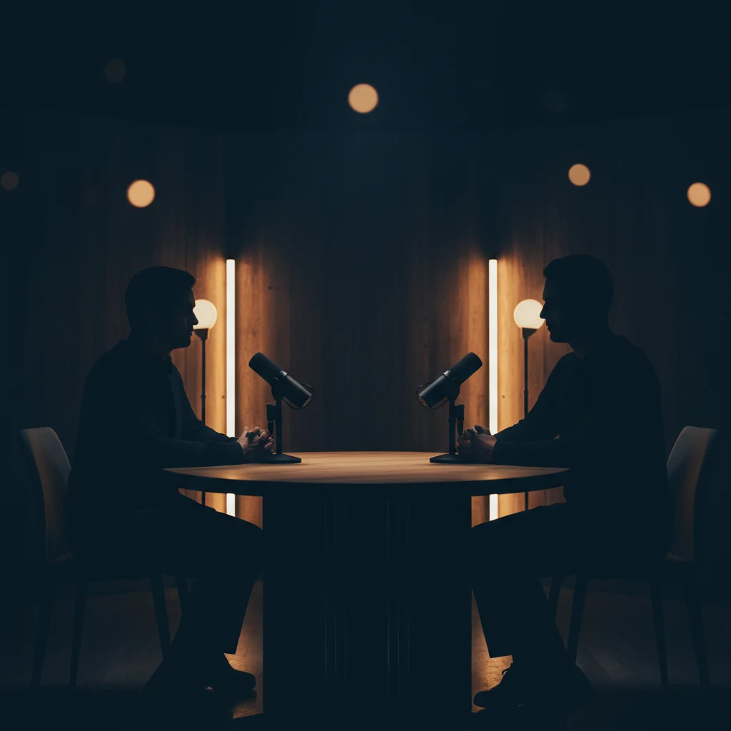 Twee anonieme silhouetten aan een ronde tafel in een warm verlicht redactioneel studiogebouw, met microfoons, geen herkenbare gezichten